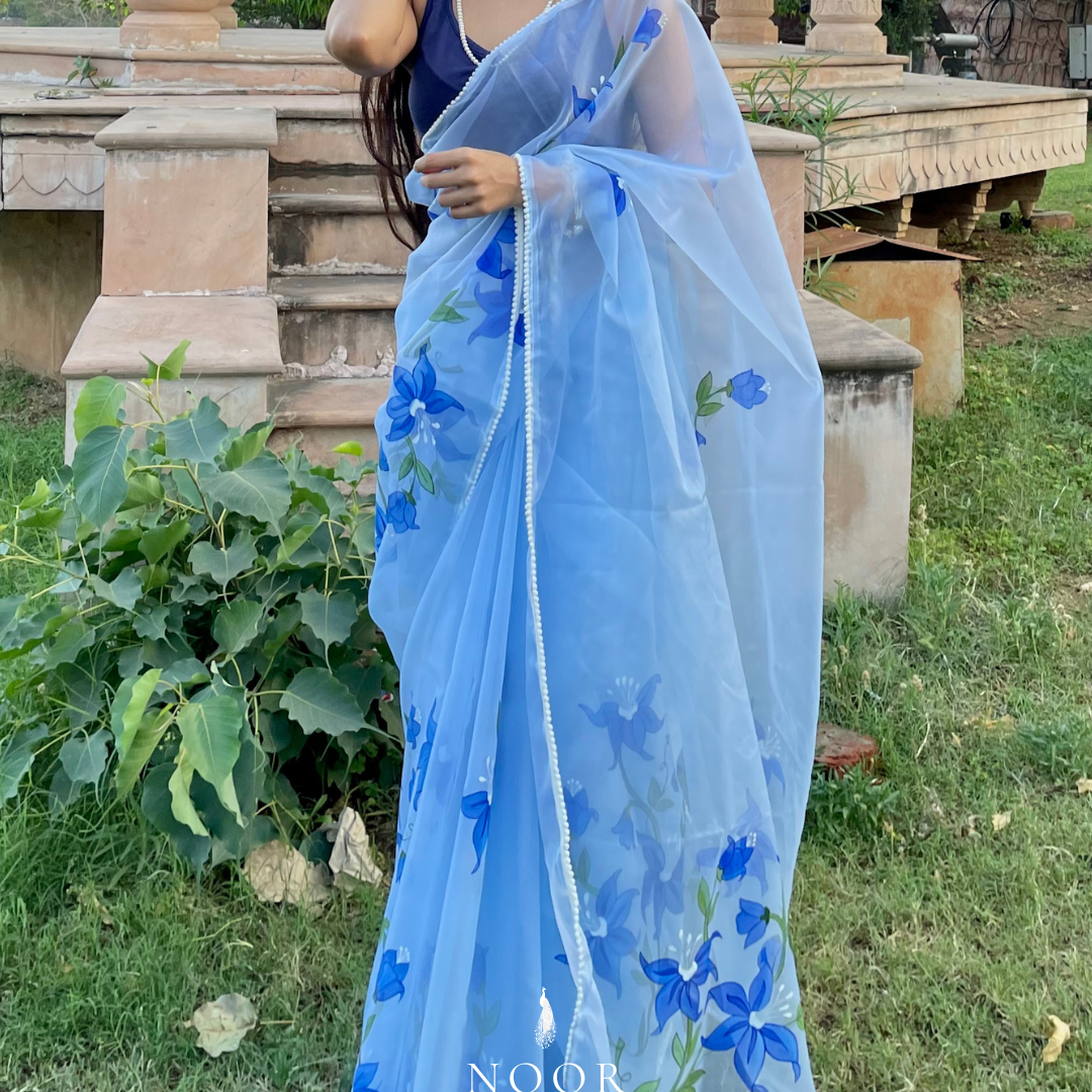 hand painted saree in pure organza silk by noor by hansa in sky blue colour paired with a white blouse piece