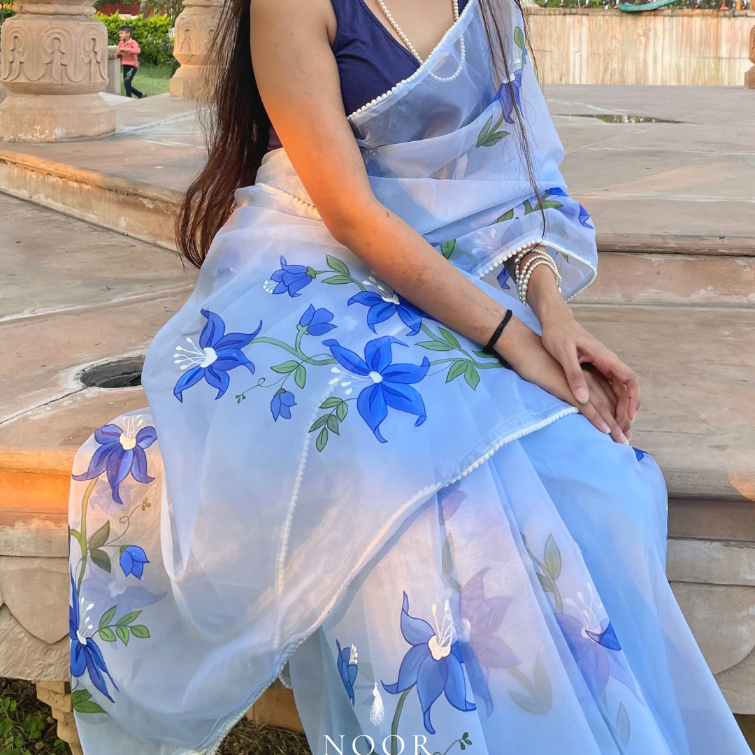 hand painted saree in pure organza silk by noor by hansa in sky blue colour paired with a blue blouse piece