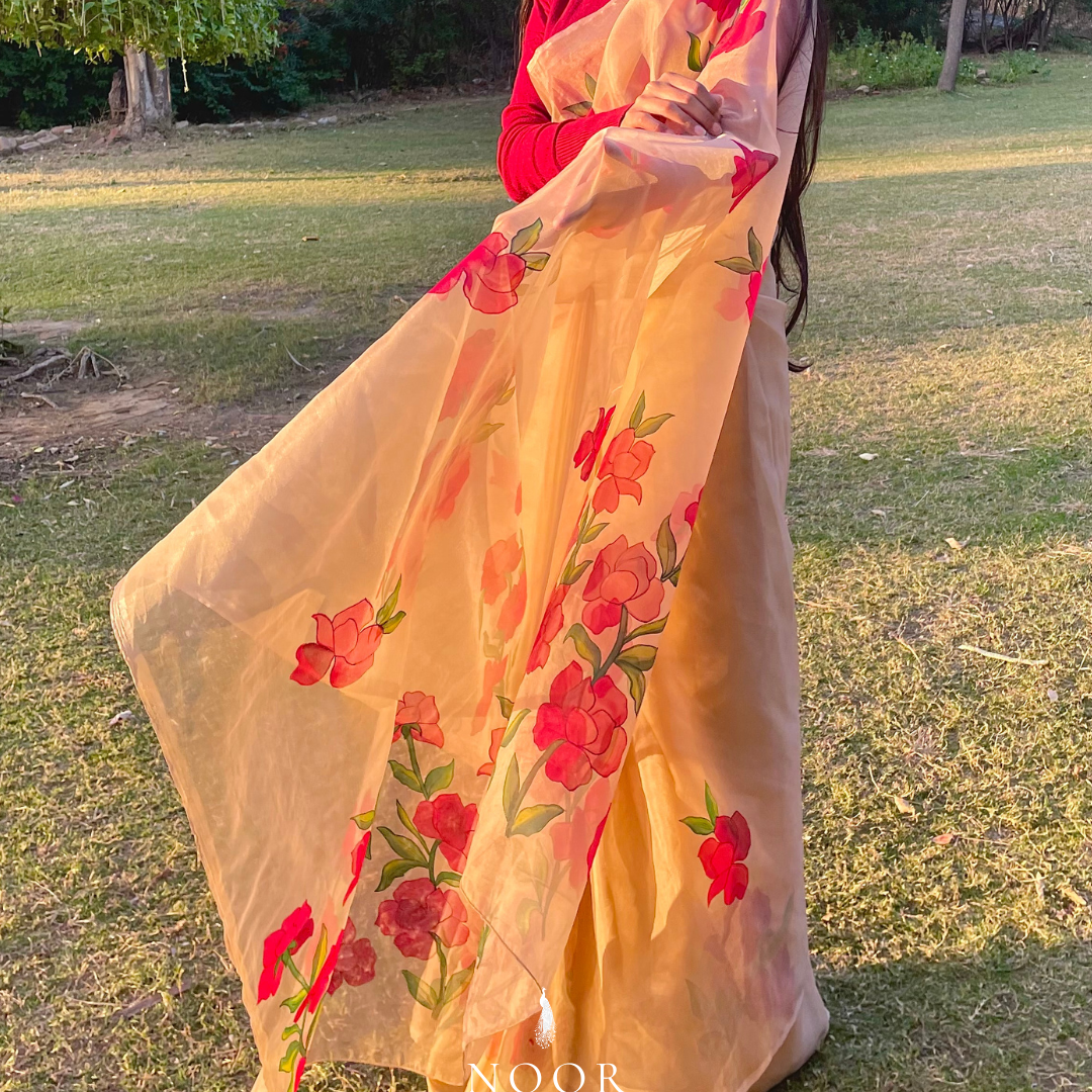 hand painted saree in pure organza silk by noor by hansa in beige colour paired with a pure cotton blouse piece