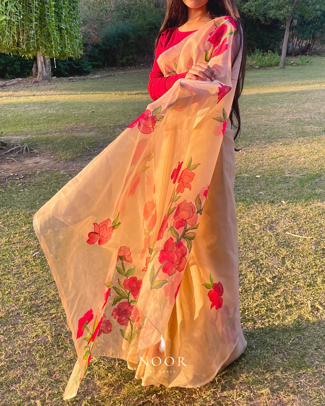 hand painted saree in pure organza silk by noor by hansa in beige colour paired with a pure cotton blouse piece