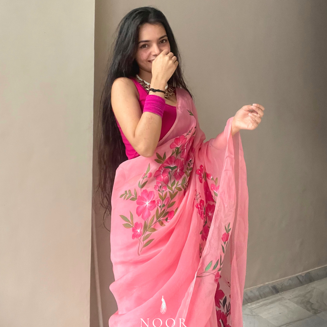 hand painted saree in pure organza silk by noor by hansa, hand painted sarees
handpainted sarees
handpainted sari
hand painted saris
jaipur sarees
handcrafted saris
organza silk sarees
tissue sarees
tissue saris
organza silk saris
noorbyhansa
noor by hansa