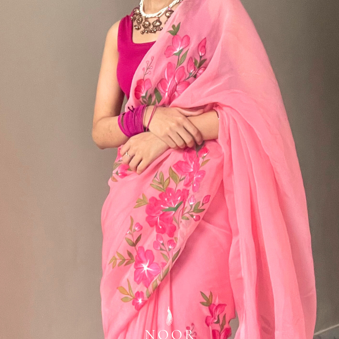hand painted saree in pure organza silk by noor by hansa, hand painted sarees
handpainted sarees
handpainted sari
hand painted saris
jaipur sarees
handcrafted saris
organza silk sarees
tissue sarees
tissue saris
organza silk saris
noorbyhansa
noor by hansa