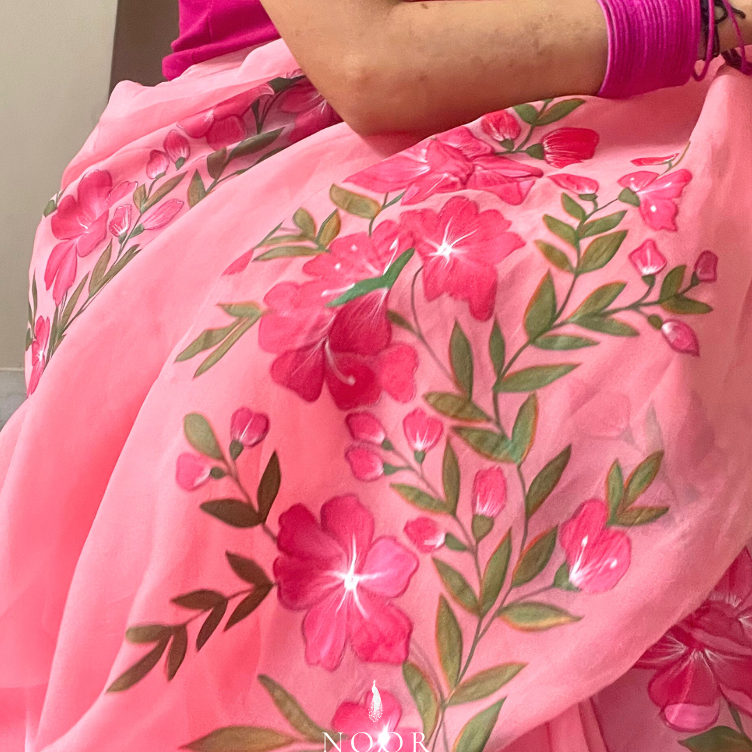hand painted saree in pure organza silk by noor by hansa