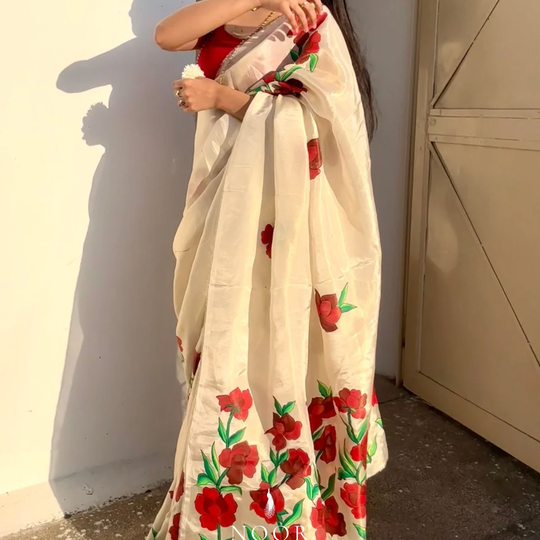 hand painted saree in tissue by noor by hansa, hand painted sarees
handpainted sarees
handpainted sari
hand painted saris
jaipur sarees
handcrafted saris
organza silk sarees
tissue sarees
tissue saris
organza silk saris
noorbyhansa
noor by hansa