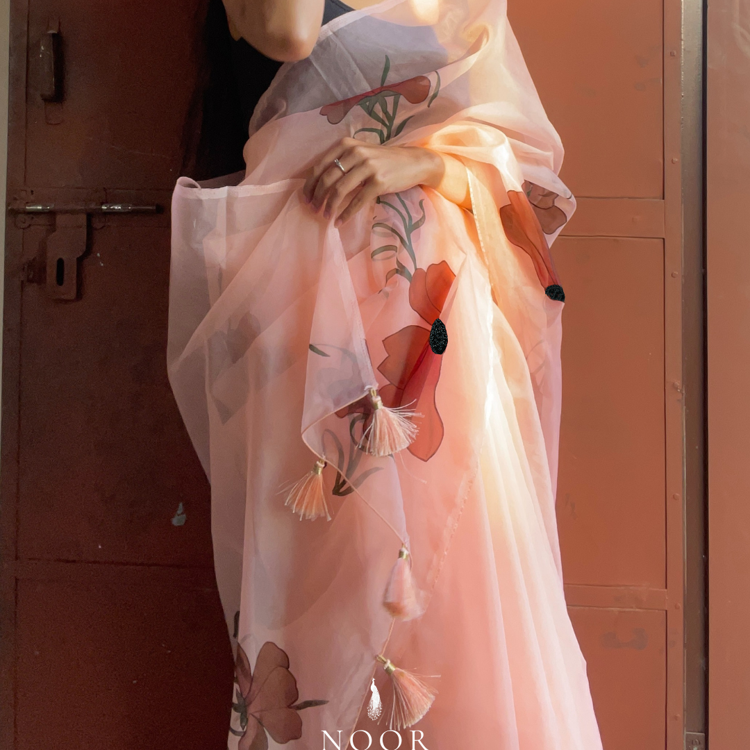 hand painted saree in pure organza silk by noor by hansa in peach
