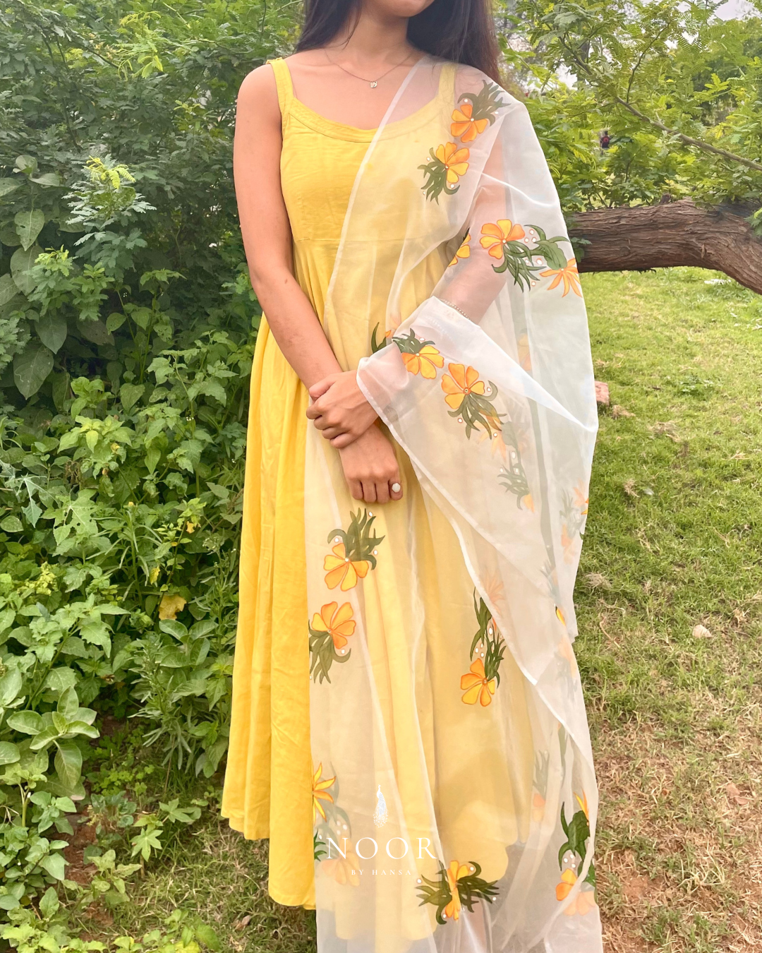 hand painted ivory 'fanaa' odhani in pure organza silk with whimsical yellow motifs, studded with minimal gold stones and edged with fringes