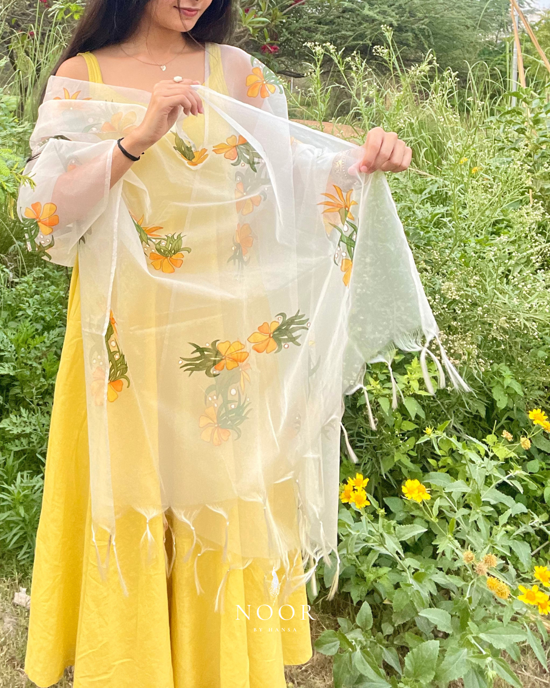 hand painted ivory 'fanaa' odhani in pure organza silk with whimsical yellow motifs, studded with minimal gold stones and edged with fringes