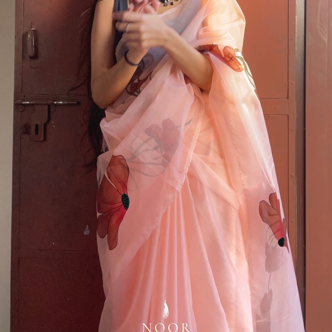 hand painted saree in pure organza silk by noor by hansa in peach