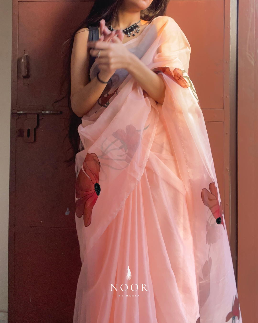 hand painted saree in pure organza silk by noor by hansa in peach