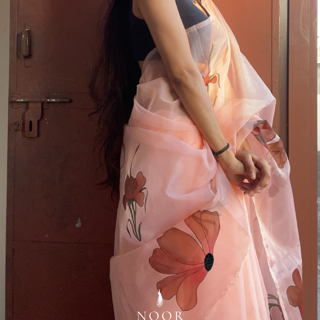 hand painted saree in pure organza silk by noor by hansa in peach