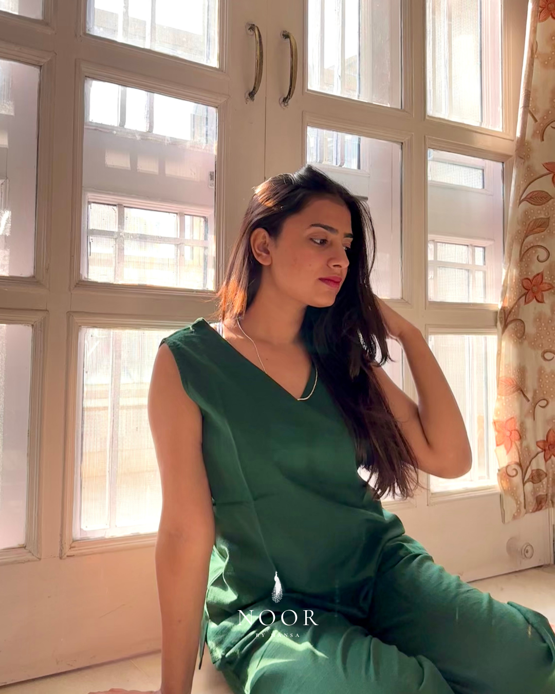cotton green noor by hansa v-neck co-ord set that’s as comfy as your favourite loungewear but sharp enough for the office! hand-made from an ultra-soft cotton blend, it stays vibrant wash after wash with zero colour bleeding. perfect for those days when you want to feel cozy and look effortlessly chic!