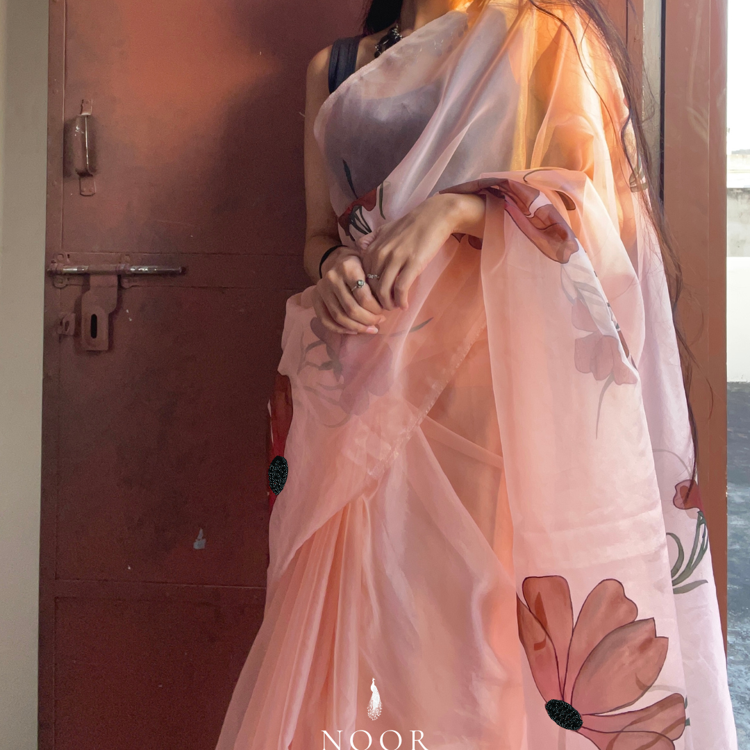 hand painted saree in pure organza silk by noor by hansa in peach