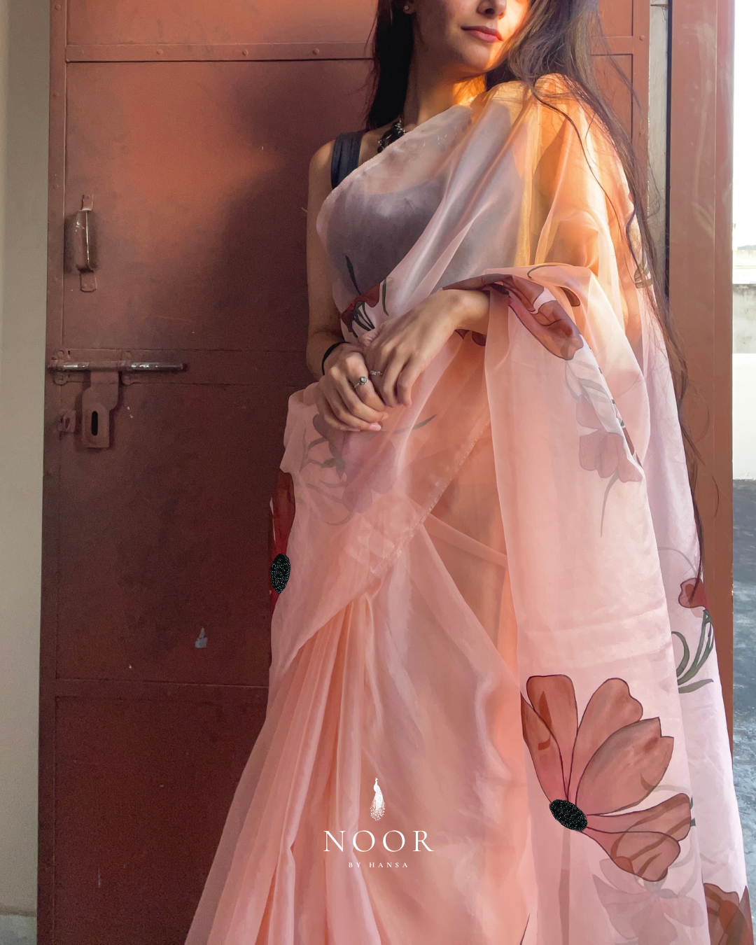hand painted saree in pure organza silk by noor by hansa in peach