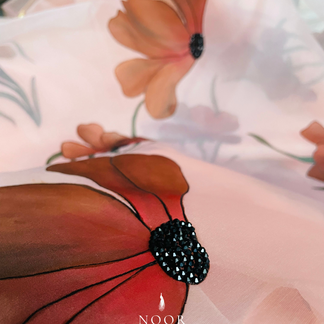 hand painted saree in pure organza silk by noor by hansa in peach