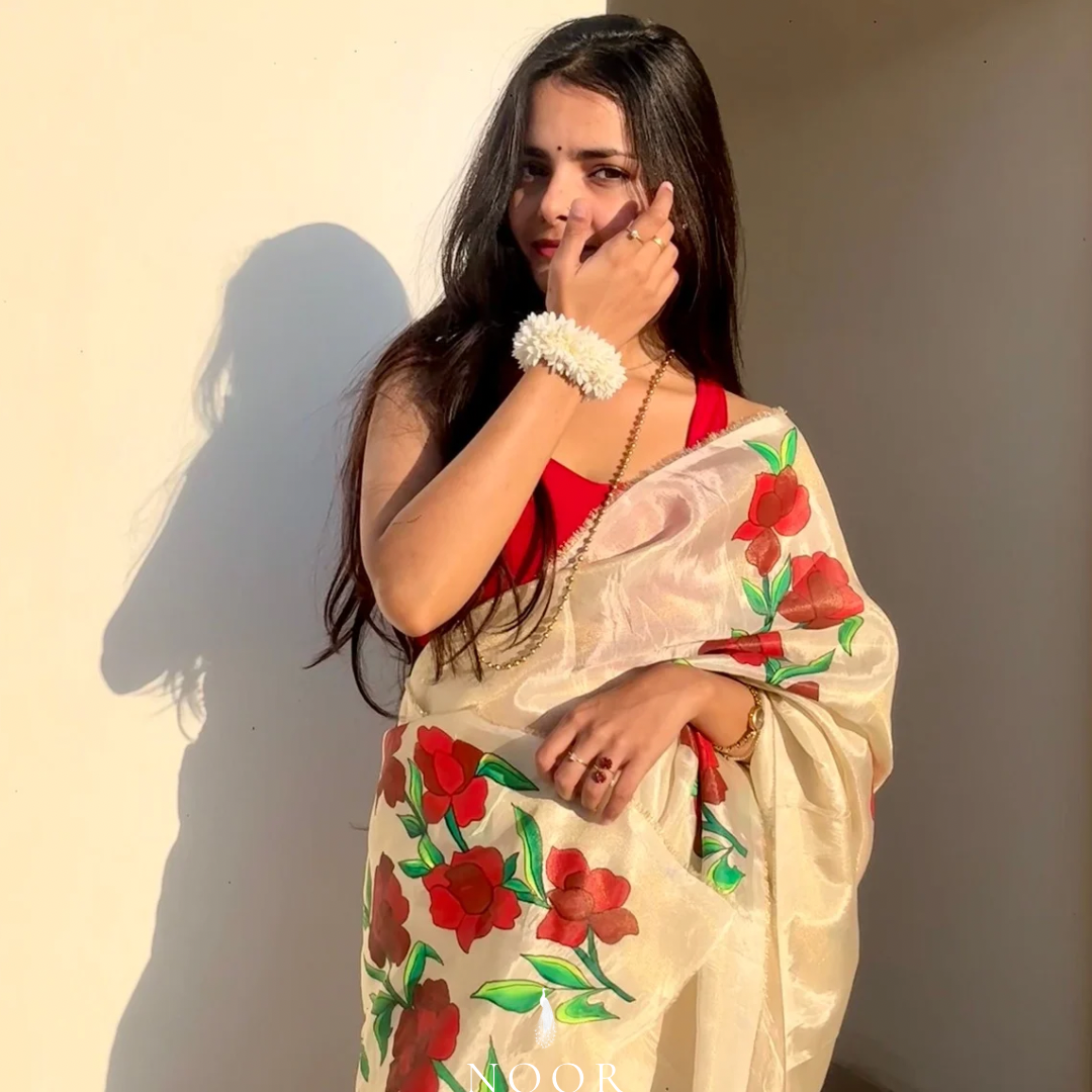 hand painted saree in tissue by noor by hansa paired with a pure cotton blouse,hand painted sarees
handpainted sarees
handpainted sari
hand painted saris
jaipur sarees
handcrafted saris
organza silk sarees
tissue sarees
tissue saris
organza silk saris
noorbyhansa
noor by hansa