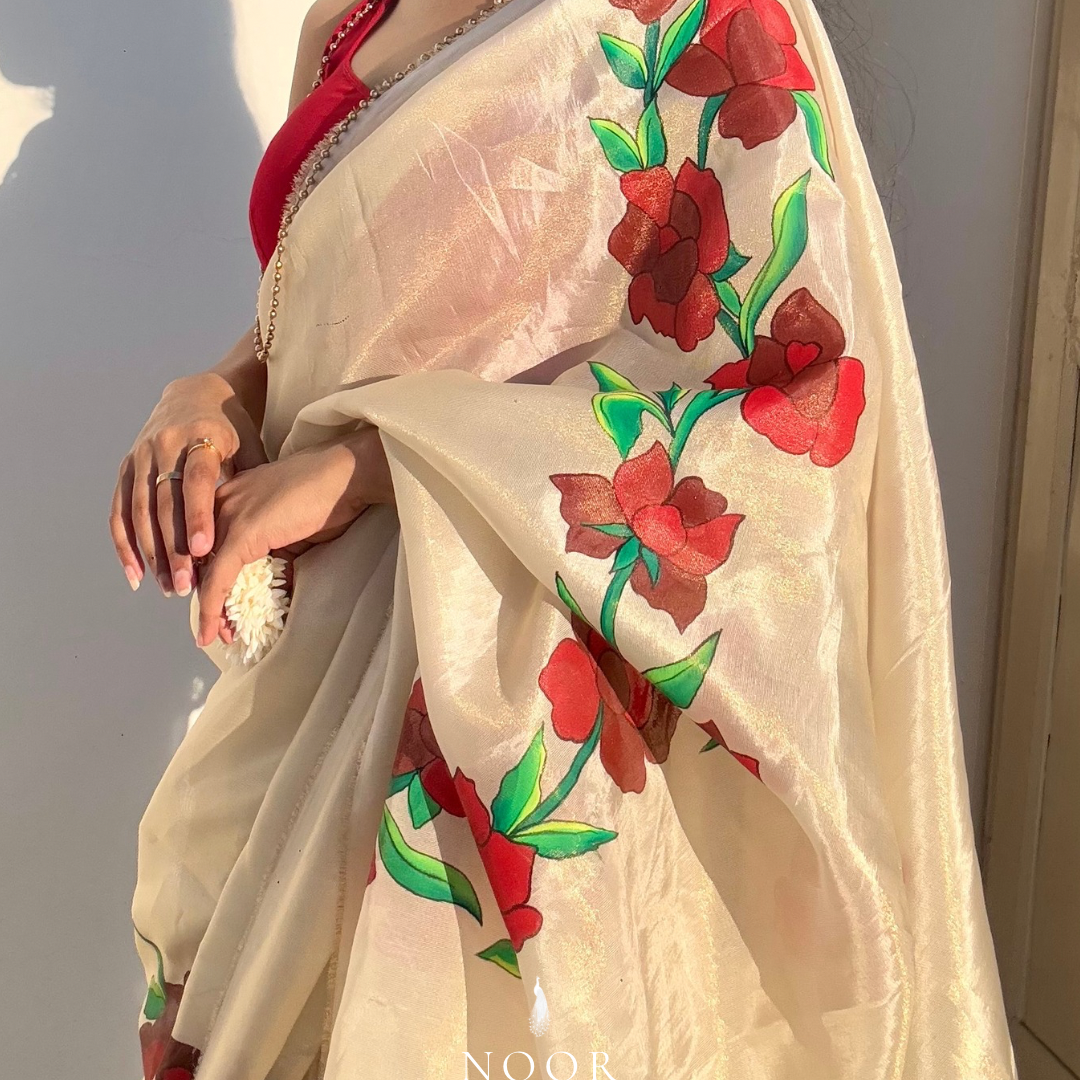 hand painted saree in tissue by noor by hansa, hand painted sarees
handpainted sarees
handpainted sari
hand painted saris
jaipur sarees
handcrafted saris
organza silk sarees
tissue sarees
tissue saris
organza silk saris
