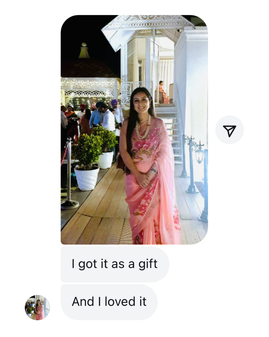 Woman in a pink saree standing outdoors with text indicating she received it as a gift and loved it.
