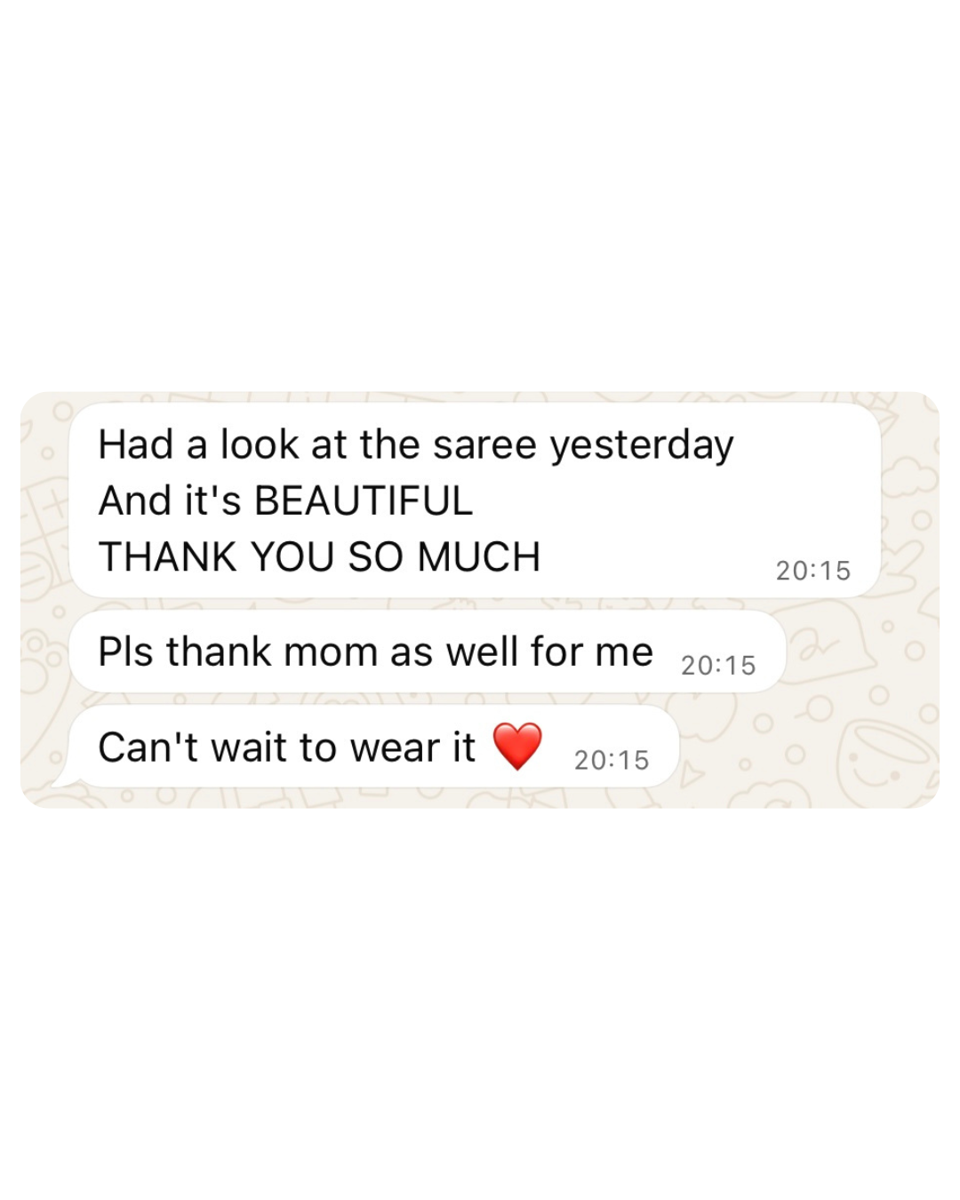 Text messages expressing appreciation for a saree and gratitude to the mother.