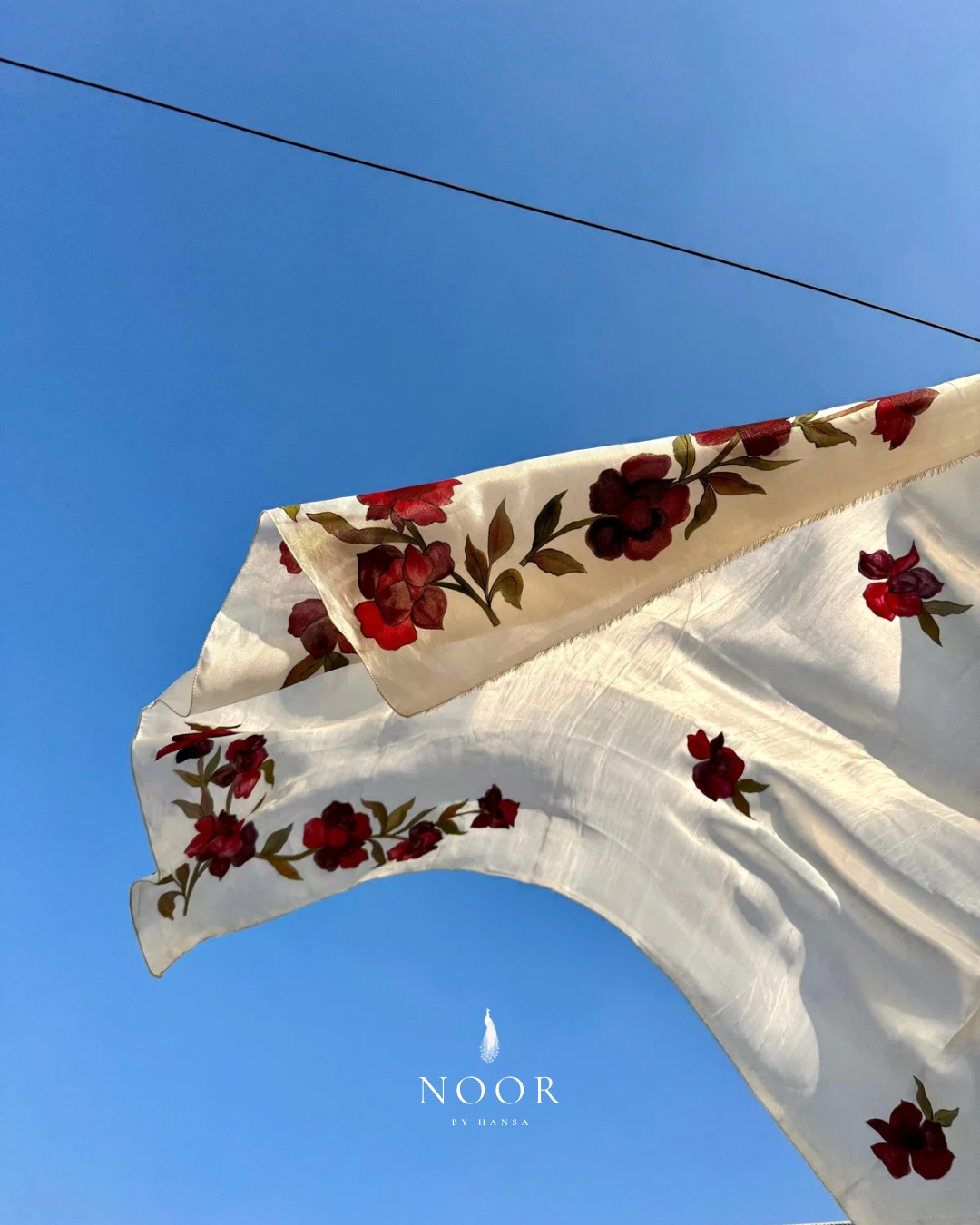hand painted 'gulabari' dupatta in pure organza silk and tissue fabrics with hand-painted motifs of red roses