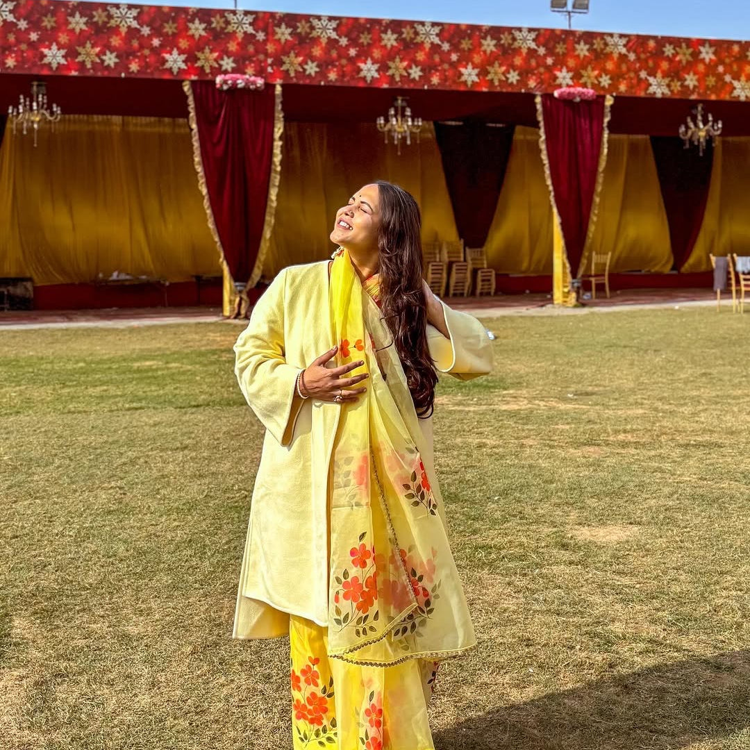 hand painted saree in pure organza silk by noor by hansa in yellow colour paired with a pure cotton blouse piece