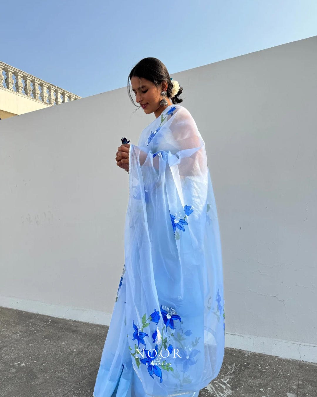 hand painted saree in pure organza silk by noor by hansa in sky blue colour paired with a white blouse piece