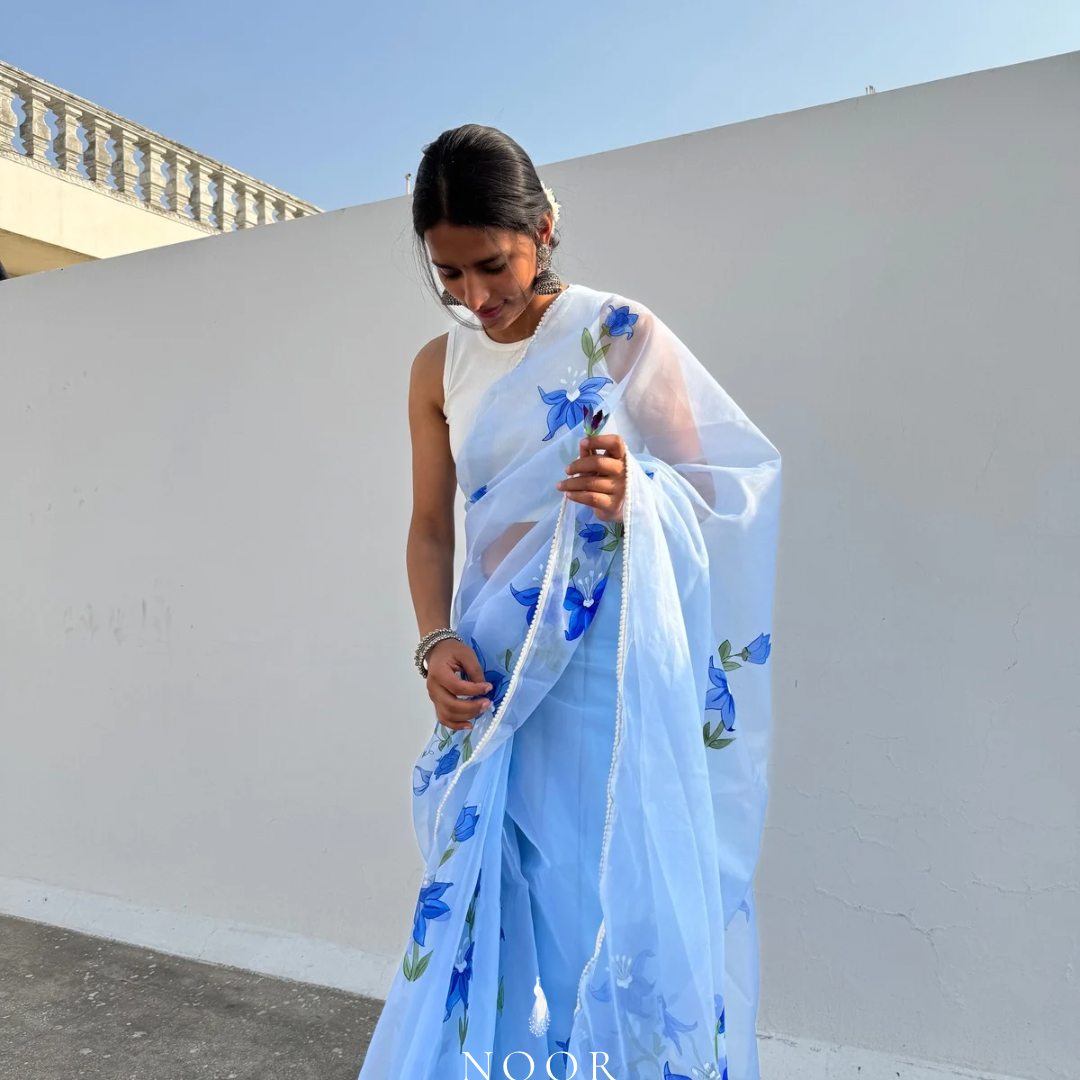 hand painted saree in pure organza silk by noor by hansa in sky blue colour paired with a white blouse piece