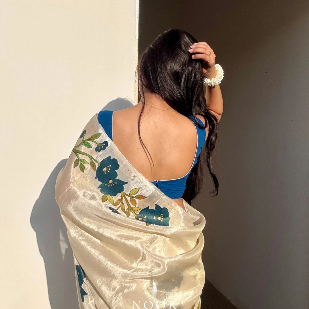hand painted saree in tissue silk by noor by hansa, hand painted sarees
handpainted sarees
handpainted sari
hand painted saris
jaipur sarees
handcrafted saris
organza silk sarees
tissue sarees
tissue saris
organza silk saris
noorbyhansa
noor by hansa