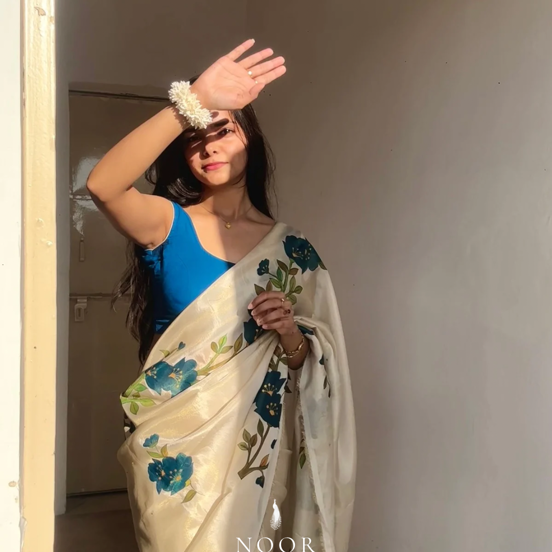 hand painted saree in tissue silk by noor by hansa, hand painted sarees
handpainted sarees
handpainted sari
hand painted saris
jaipur sarees
handcrafted saris
organza silk sarees
tissue sarees
tissue saris
organza silk saris
noorbyhansa
noor by hansa