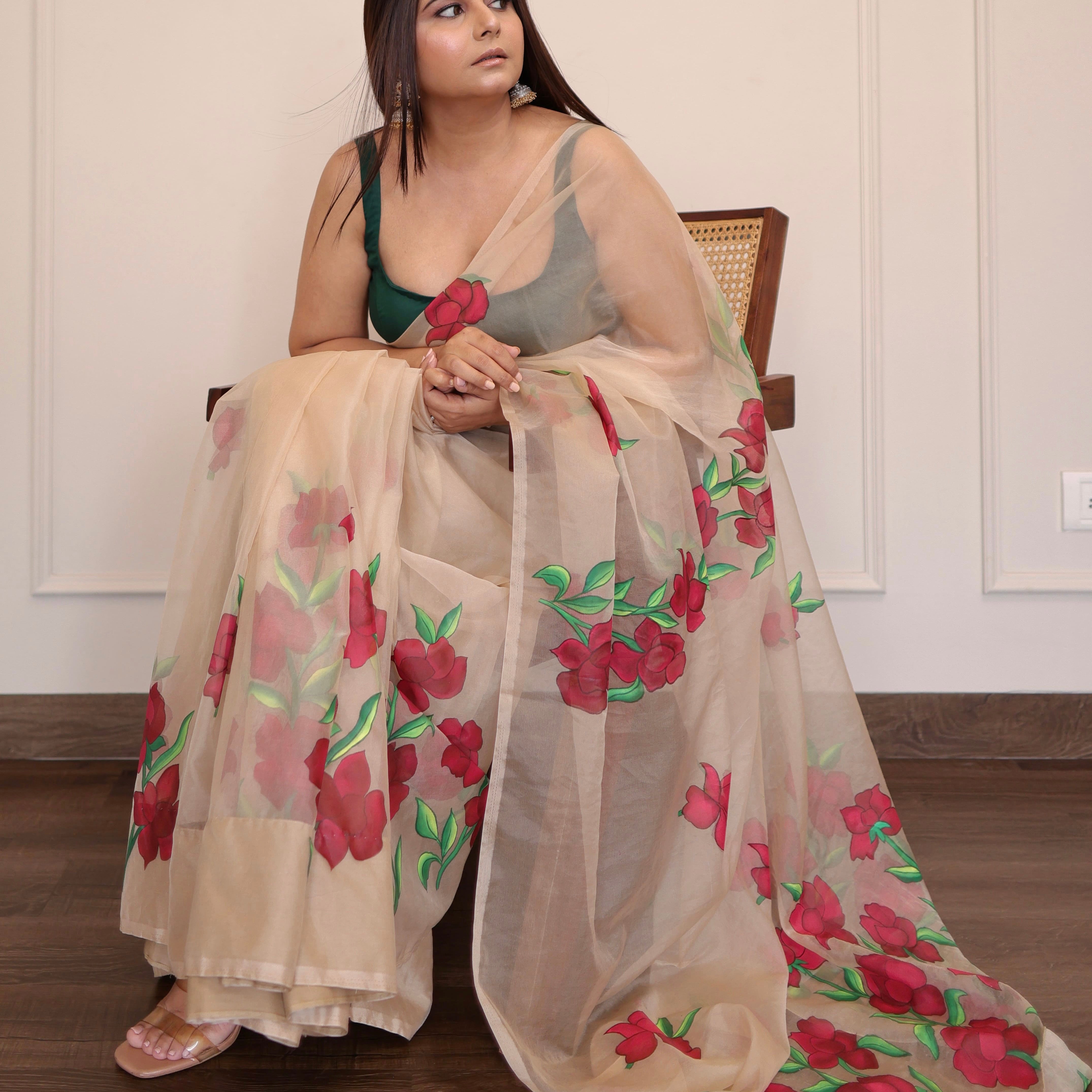 hand painted saree in pure organza silk by noor by hansa in beige colour paired with a pure cotton blouse piece
