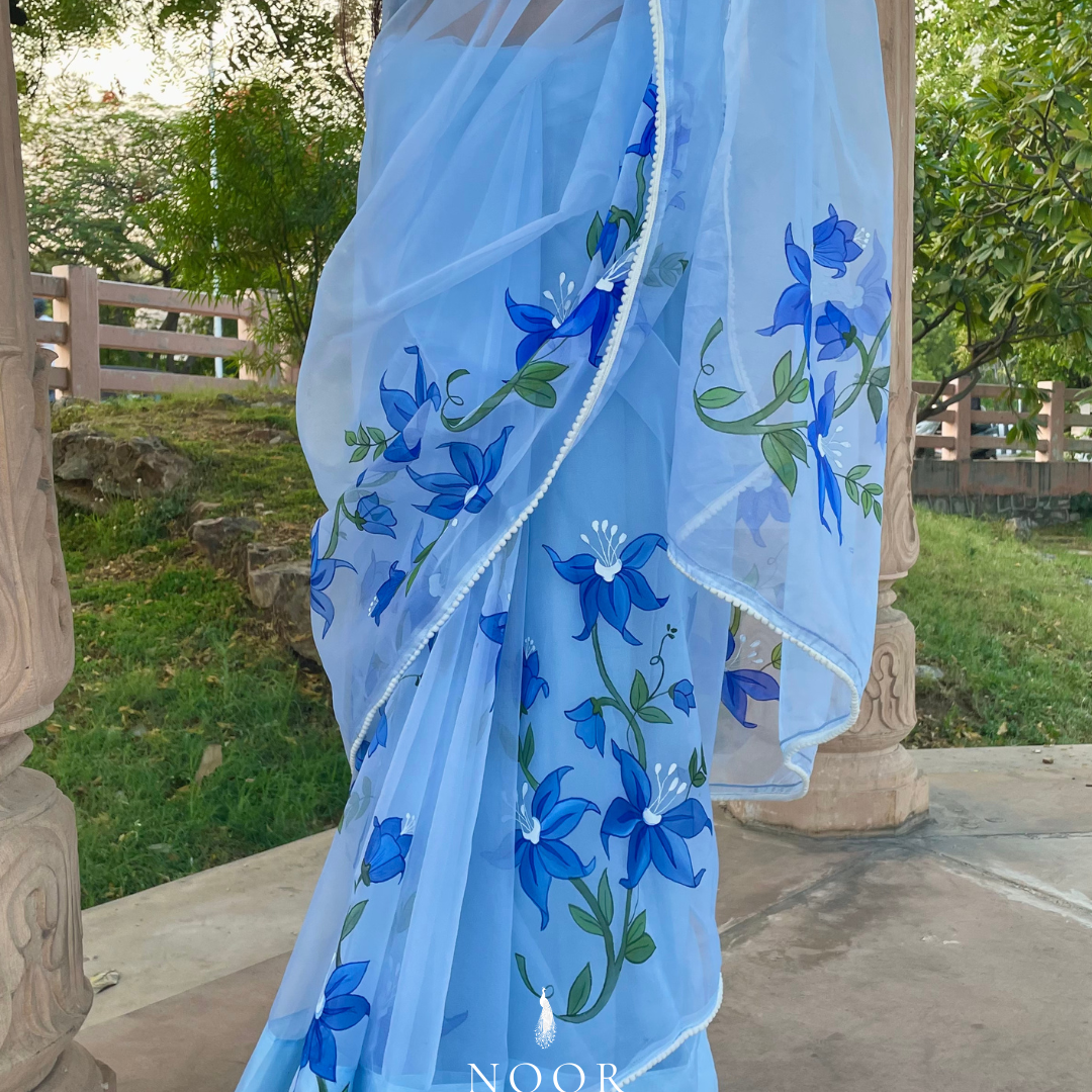 hand painted saree in pure organza silk by noor by hansa in sky blue colour paired with a blue blouse piece