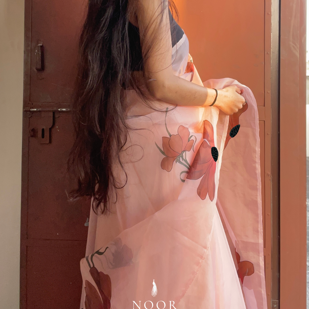 hand painted saree in pure organza silk by noor by hansa in peach