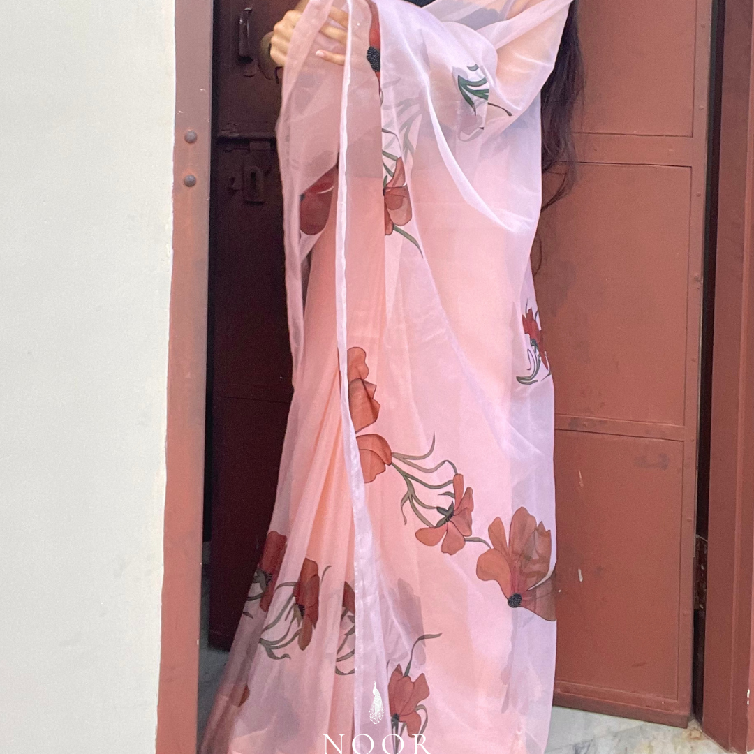 hand painted saree in pure organza silk by noor by hansa in peach