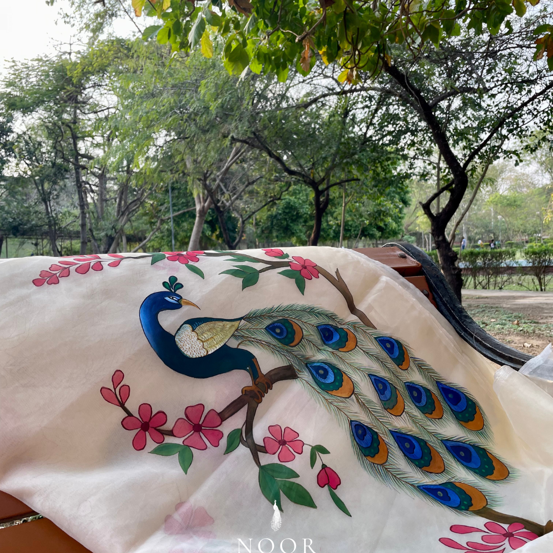 hand painted saree in pure organza silk by noor by hansa