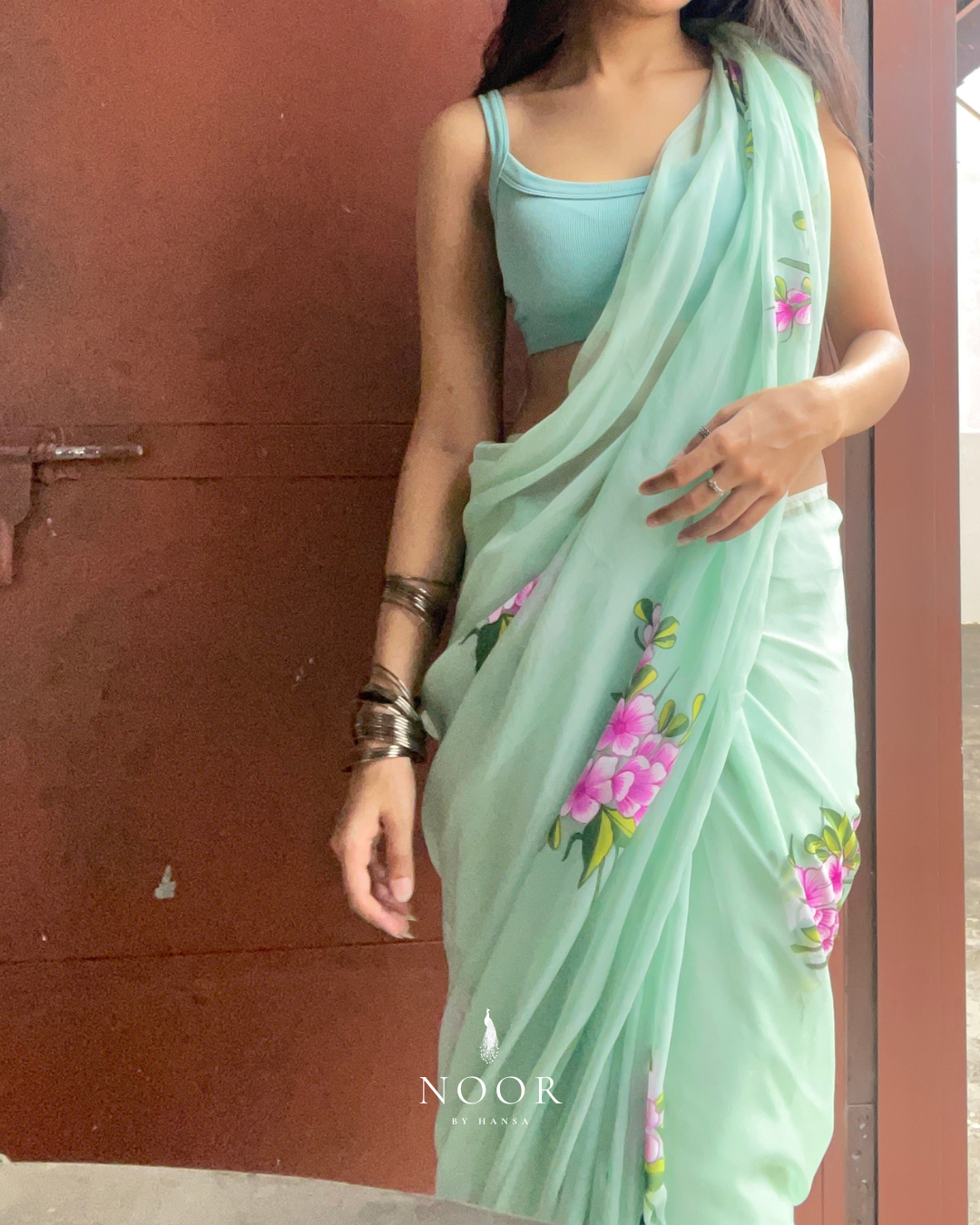 hand painted saree in pure organza silk by noor by hansa