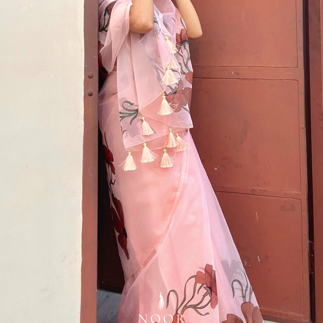 hand painted saree in pure organza silk by noor by hansa in peach