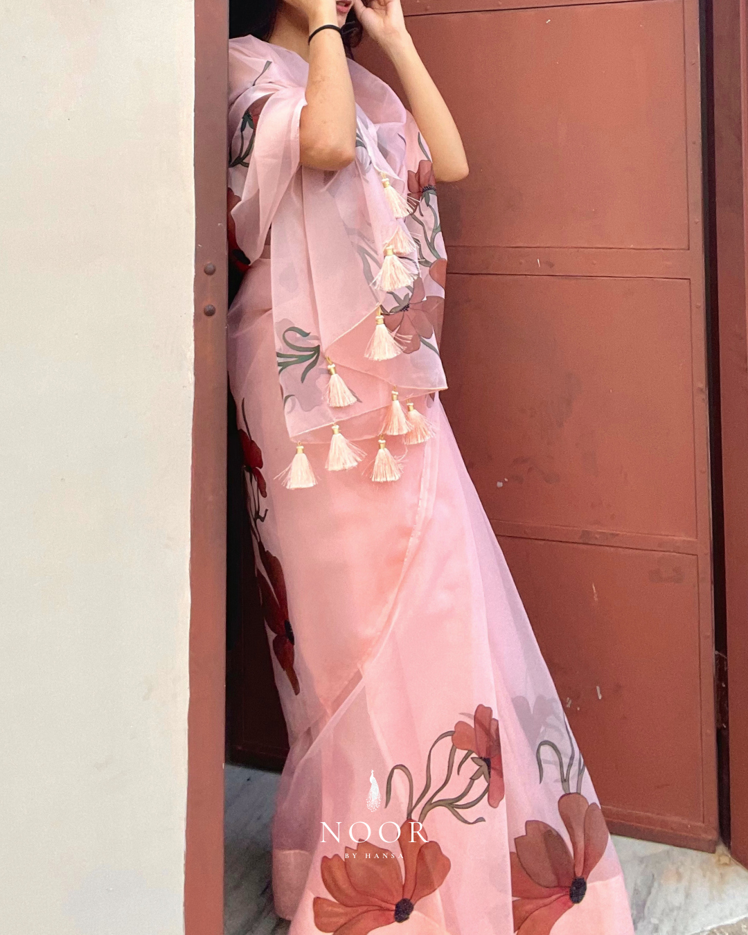 hand painted saree in pure organza silk by noor by hansa in peach