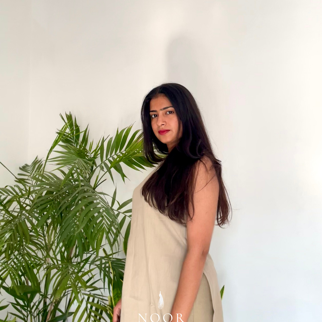 grey cotton linen noor by hansa kurta co-ord set, crafted from a luxe linen-cotton blend that feels as good as it looks. available in five vibrant colours, this playful set is perfect for office wear or a day full of running errands