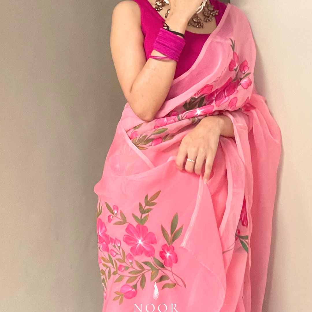 hand painted saree in pure organza silk by noor by hansa handmade pink saree for every occasion