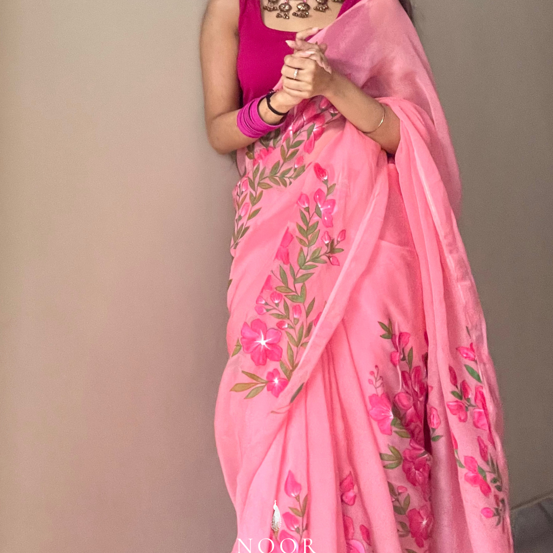 hand painted saree in pure organza silk by noor by hansa. hand painted sarees
handpainted sarees
handpainted sari
hand painted saris
jaipur sarees
handcrafted saris
organza silk sarees
tissue sarees
tissue saris
organza silk saris
noorbyhansa
noor by hansa