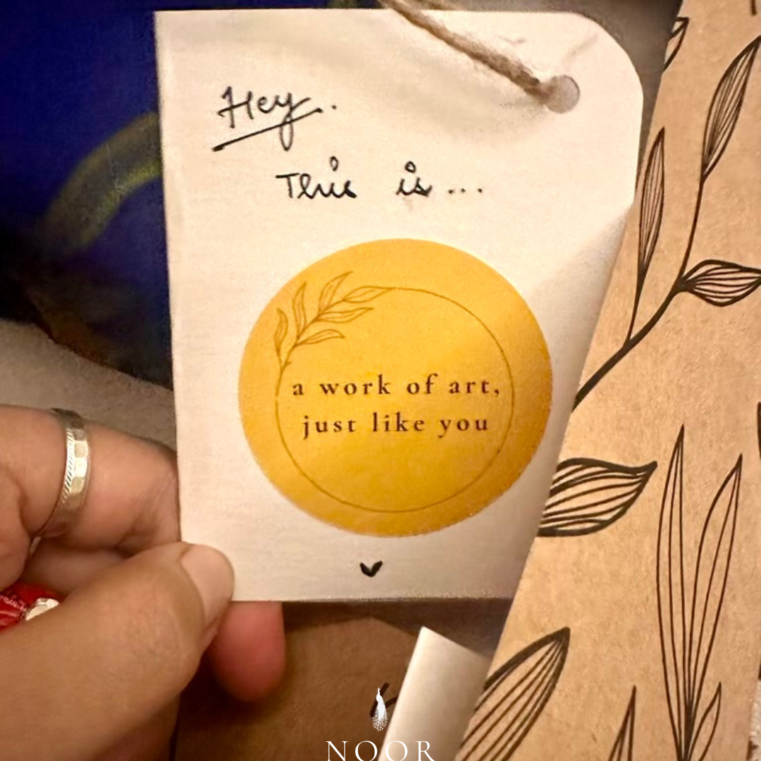 hand painted navy blue 'saba' dupatta in pure organza silk with hand-painted tulip motifs and golden laced borders packaging