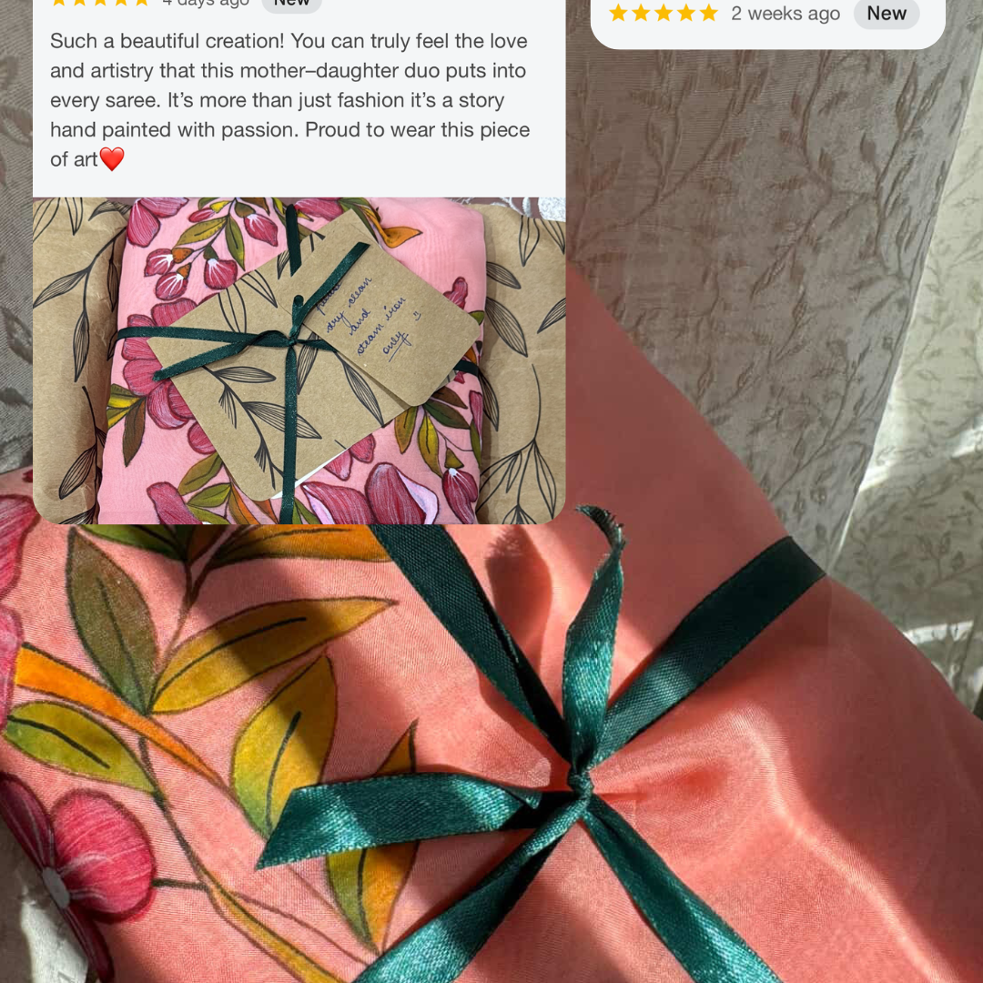 Floral-patterned fabric with a green ribbon and a comment overlay on a textured wall background.