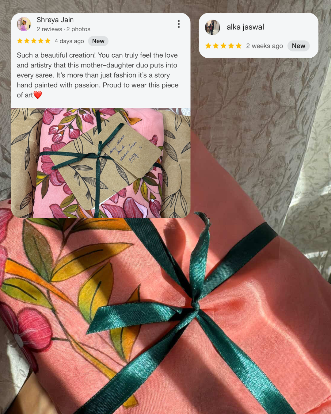 Floral-patterned fabric with a green ribbon and a comment overlay on a textured wall background.