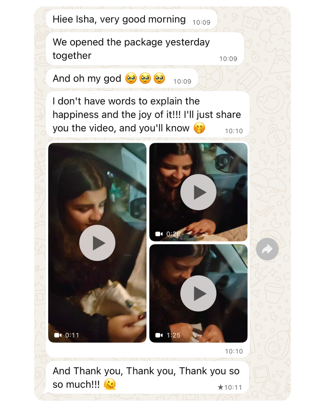 Text conversation with video clips of two people opening a package together.