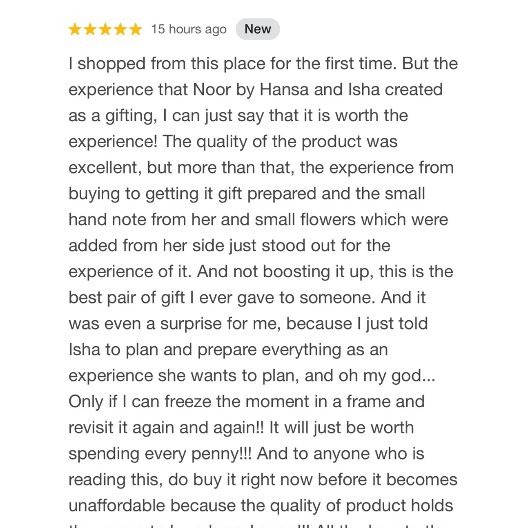 Five-star review from Vishalsagar Tiwari about a gifting experience with Noor by Hansa and Isha.