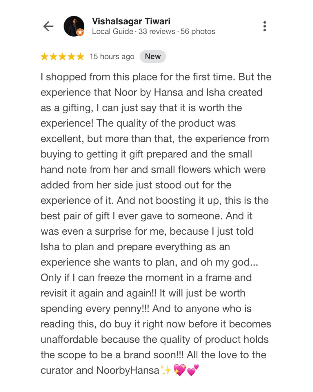 Five-star review from Vishalsagar Tiwari about a gifting experience with Noor by Hansa and Isha.