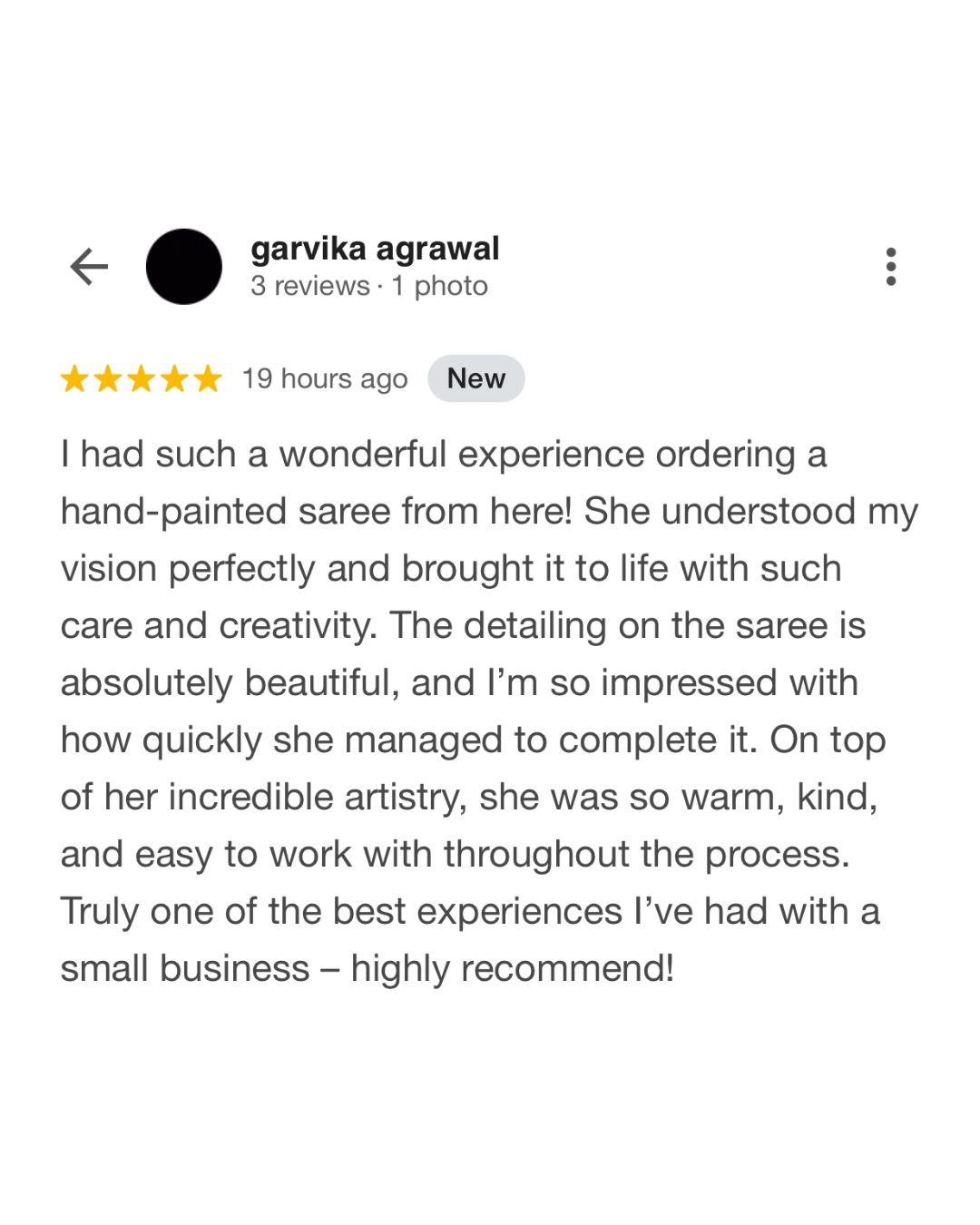 Five-star review on a white background with user name 'garvika agrawal'.