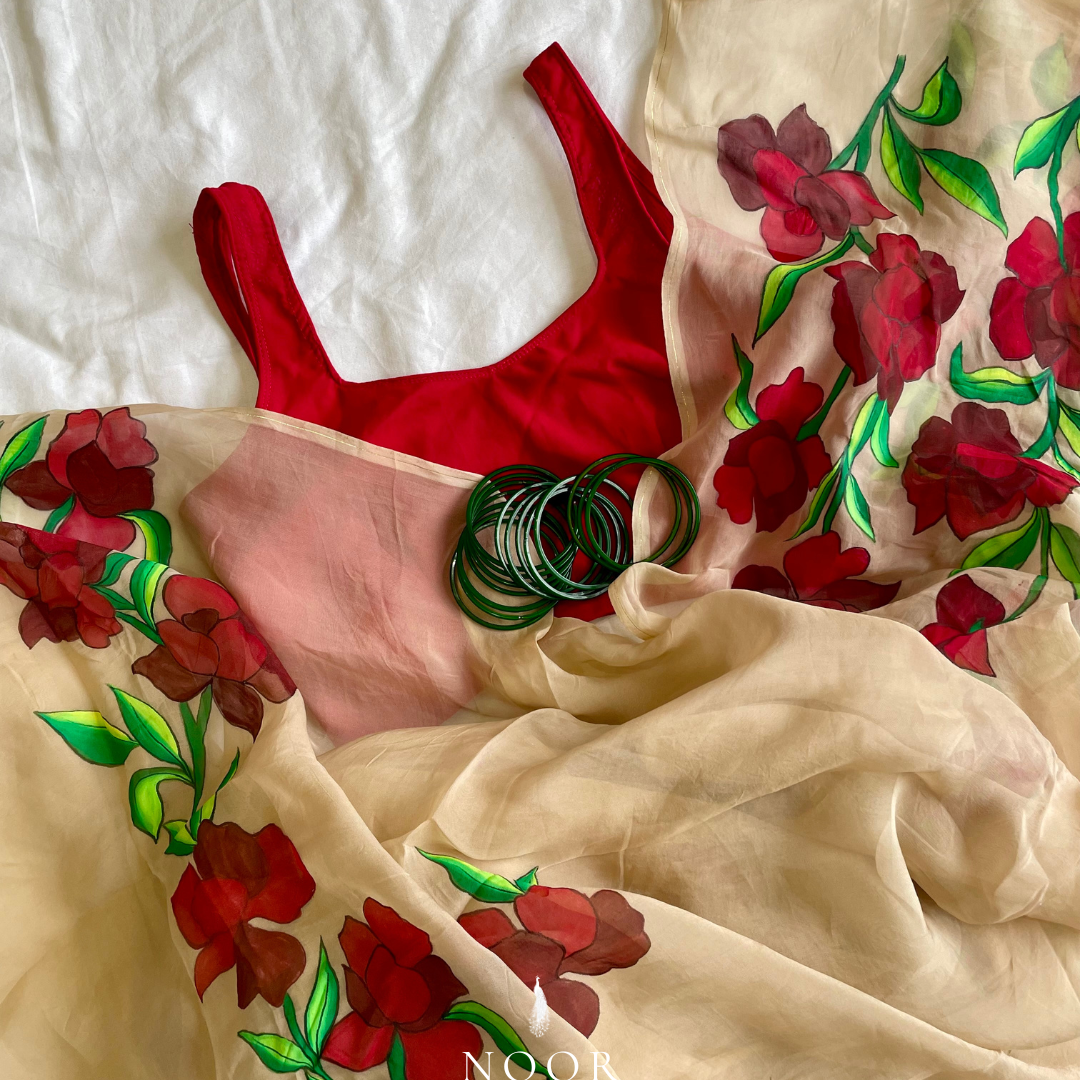 hand painted saree in pure organza silk by noor by hansa in beige colour paired with a pure cotton blouse piece
hand painted sarees
handpainted sarees
handpainted sari
hand painted saris
jaipur sarees
handcrafted saris
organza silk sarees
tissue sarees
tissue saris
organza silk saris
noorbyhansa
noor by hansa