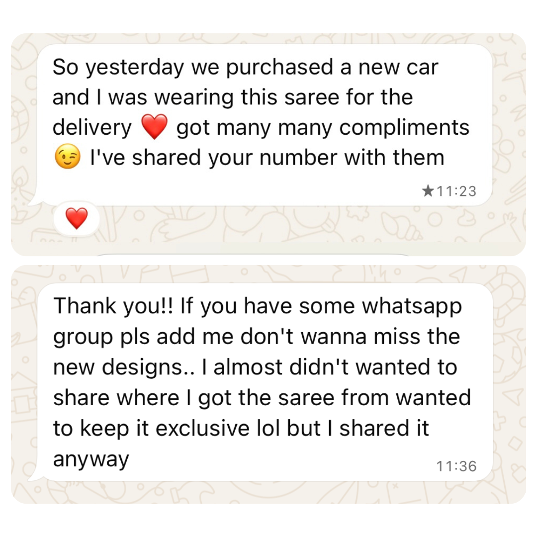 Text conversation about purchasing a new car and wearing a saree for the delivery.