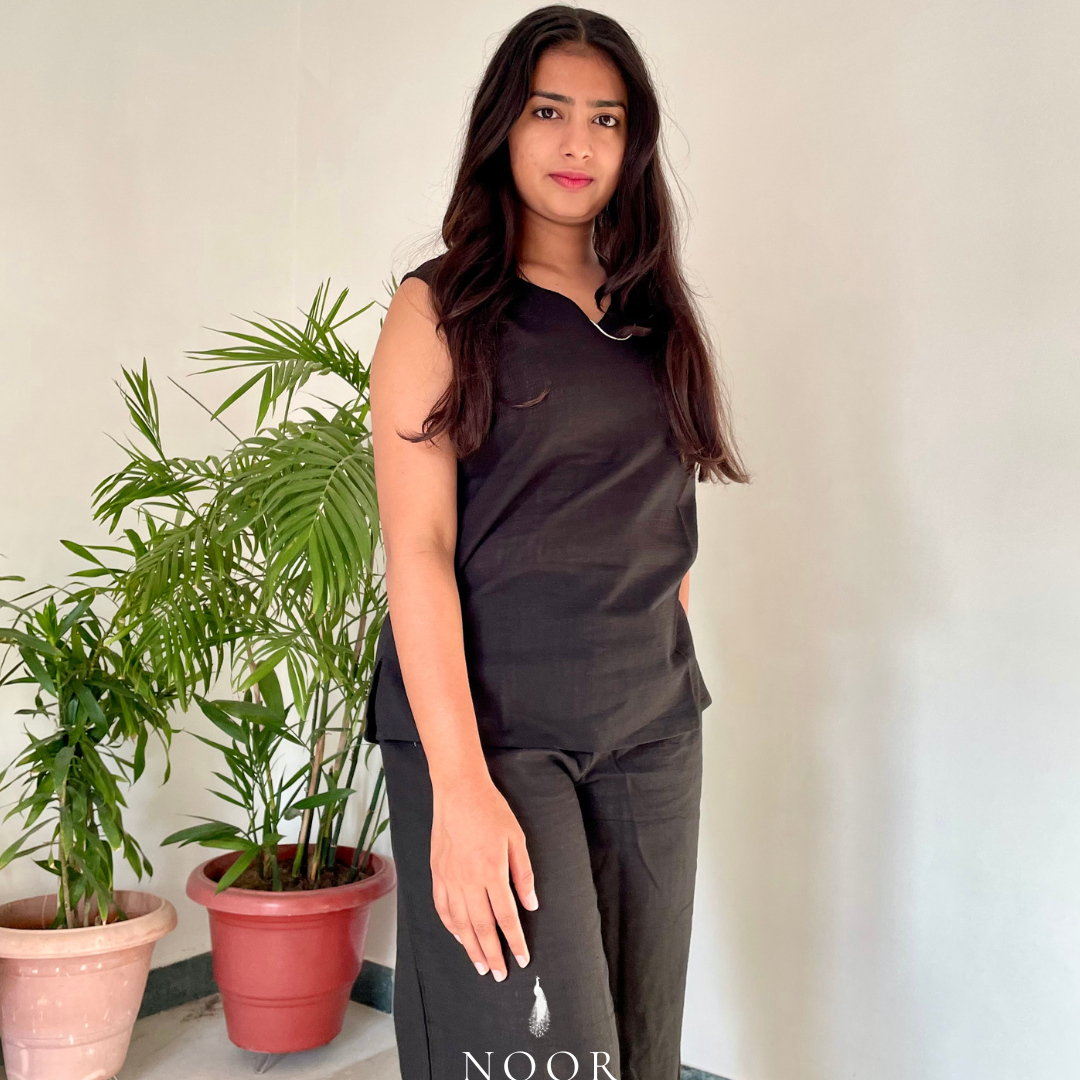 black noor by hansa cotton v-neck co-ord set that’s as comfy as your favourite loungewear but sharp enough for the office! hand-made from an ultra-soft cotton blend, it stays vibrant wash after wash with zero colour bleeding. perfect for those days when you want to feel cozy and look effortlessly chic!