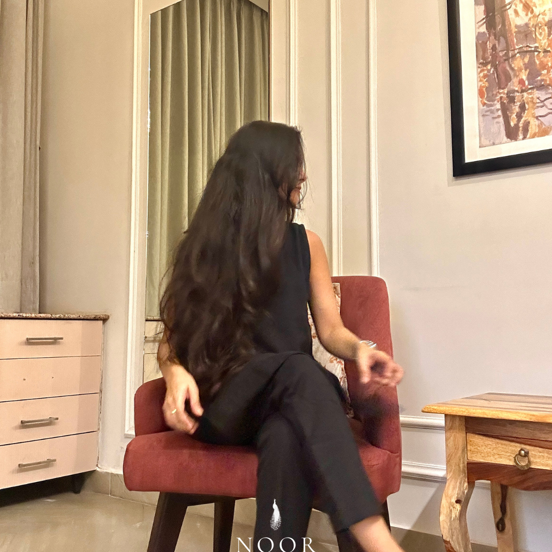 black cotton linen noor by hansa kurta co-ord set, crafted from a luxe linen-cotton blend that feels as good as it looks. available in five vibrant colours, this playful set is perfect for office wear or a day full of running errands